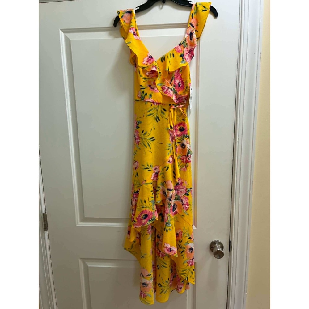 by&by Womens XS Yellow Floral High Low Maxi Dress Ruffle Wrap Boho Tropical NWT